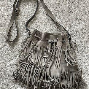 Patricia Nash Bronte Gray Suede Fringe Bucket Crossbody Boho/Hippie/ Festival